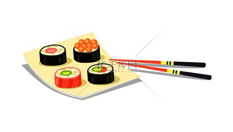 寿司一套四个放在方形盘子上两只