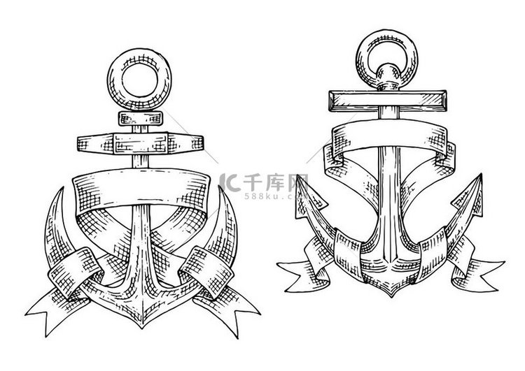 用宽丝带包裹的素描复古船锚。