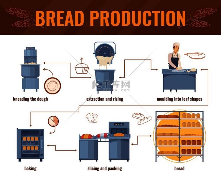 面包生产卡通信息图表与从揉面团