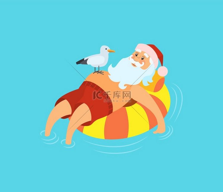 圣诞老人在救生圈上，海鸥坐在他