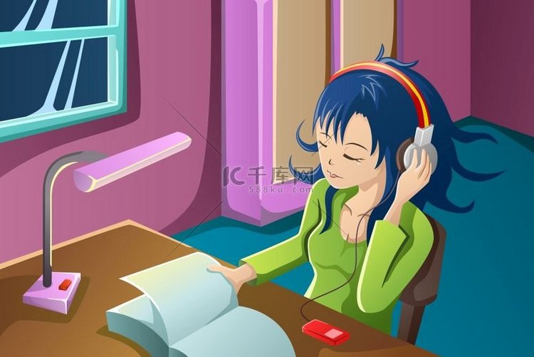 美丽女孩在卧室里边听音乐边看书