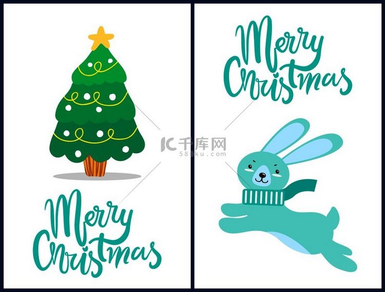 圣诞快乐，兔子戴着蓝色围巾向左