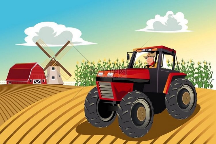 一个农民在他的农场里骑着拖拉机
