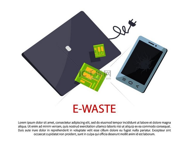 电子垃圾横幅与破损的电子产品，