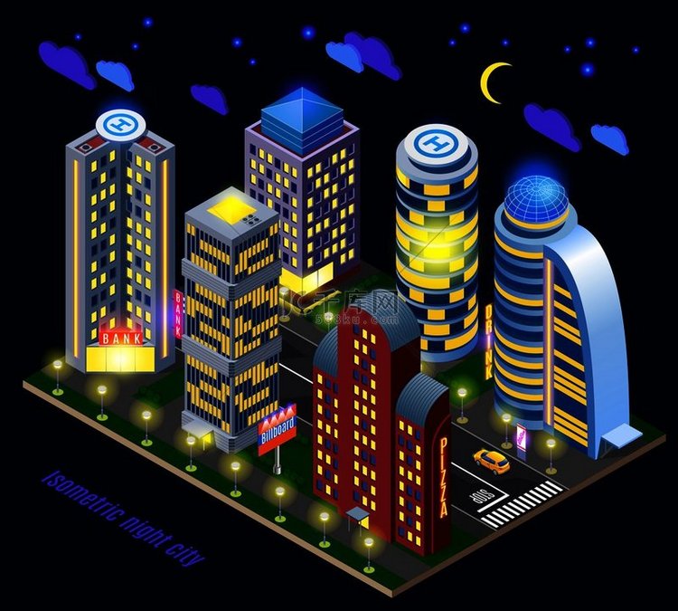 夜间城市与照明高楼和道路基础设