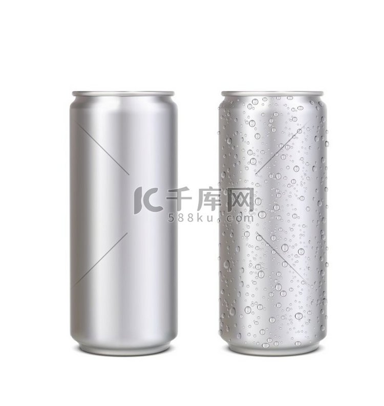 逼真的铝罐与水滴、银能量饮料啤