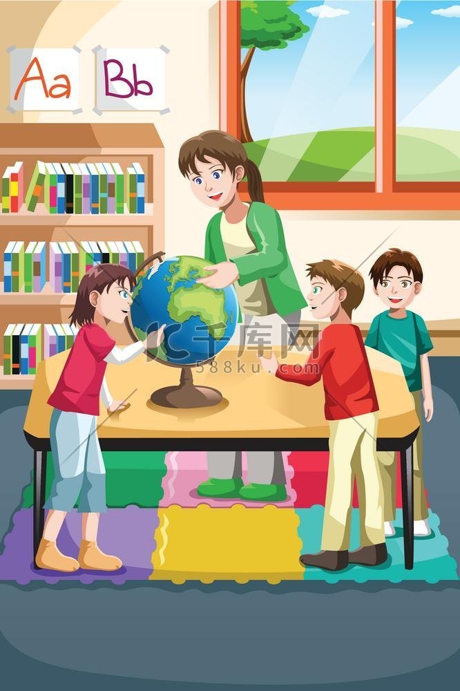 幼儿园老师和学生在教室里看地球