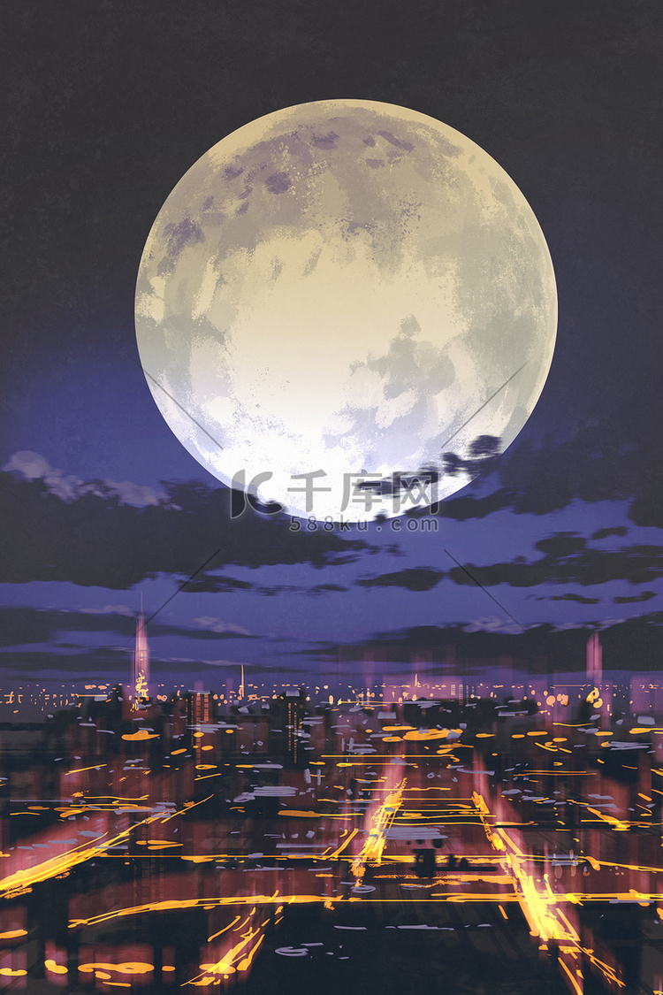 文艺满月在夜间城市天际线的夜景