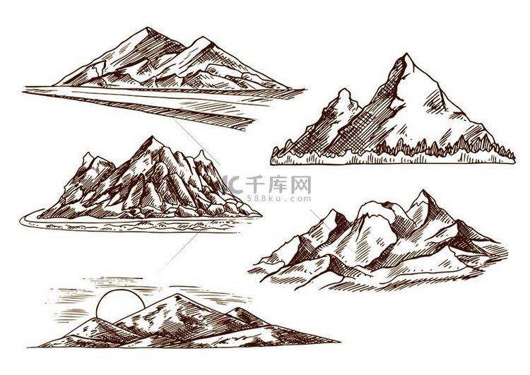 美丽的山地景观雕刻素描图标与风