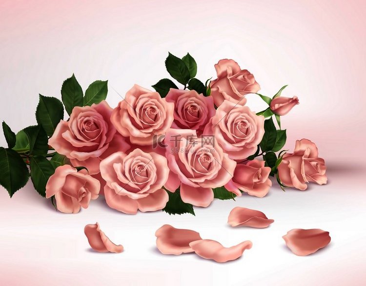 一束美丽的粉红玫瑰和花瓣的逼真
