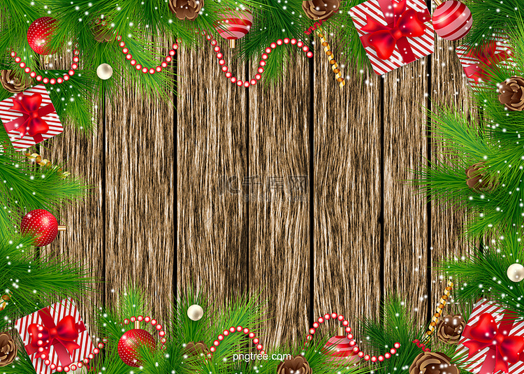 圣诞节木板松枝边框背景