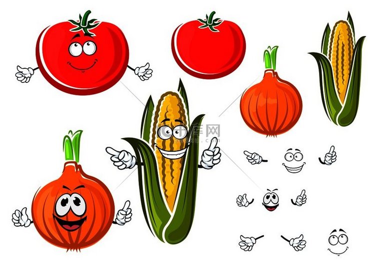 快乐的卡通洋葱、西红柿和玉米放