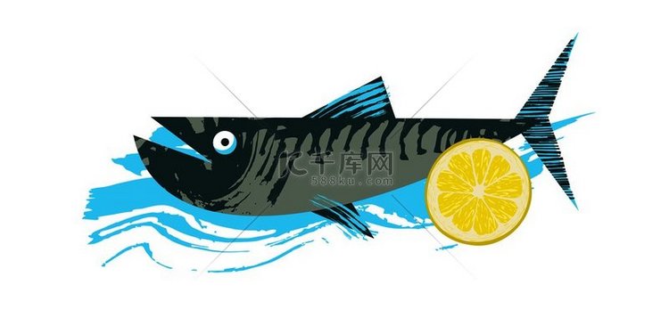鱼海鲜配一片柠檬具有独特手绘纹