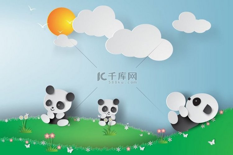 熊猫在花园里玩耍的纸艺，花，风