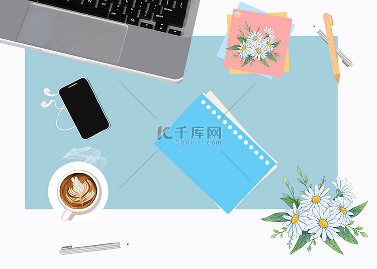 蓝色笔记本花卉电脑工作台背景