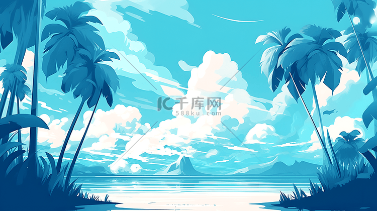 蓝色大海海浪白云背景插画