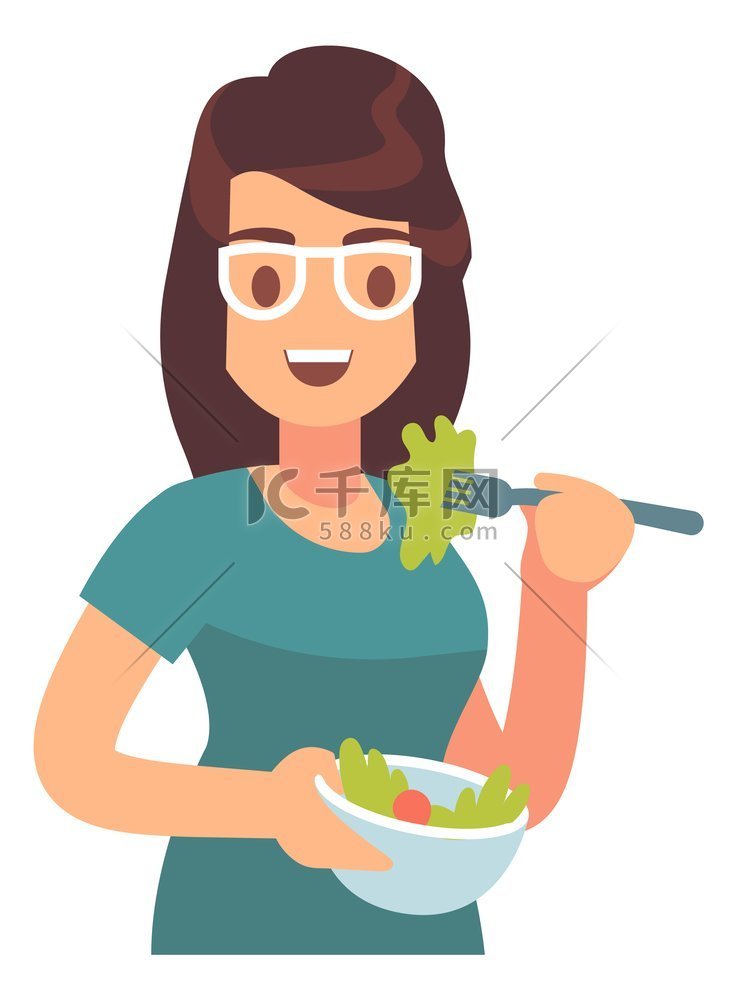 女人吃沙拉。