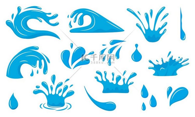 卡通泼水蓝色液体溢出雨滴和露水