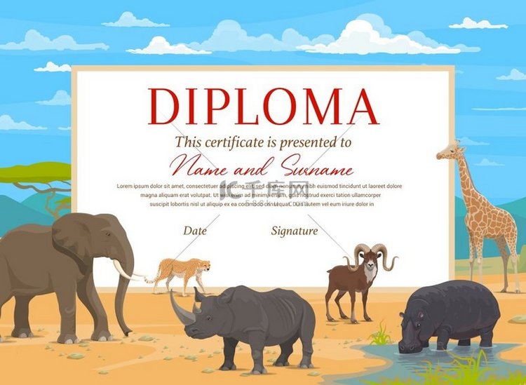 带有非洲野生动物的儿童文凭证书