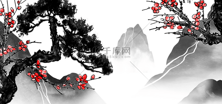 松树红色花瓣山峰云雾背景