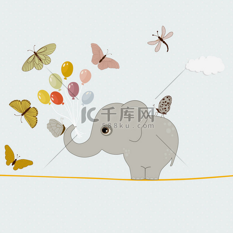 可爱的大象用气球和蝴蝶