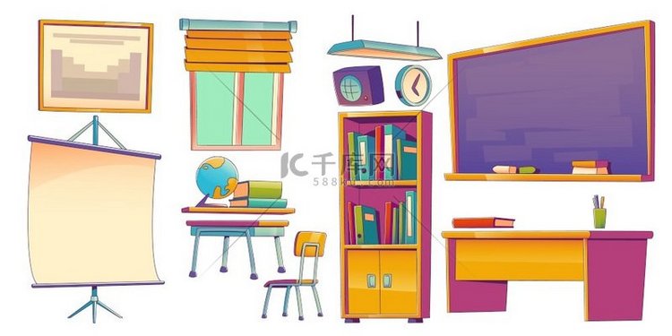 一套教室家具，课堂内部物品黑板