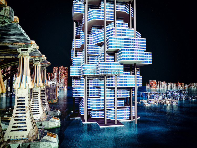 未来的城市与现代摩天大楼 3d
