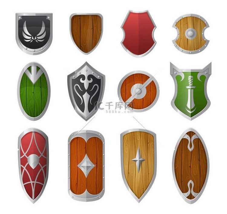 卡通盾牌木制和金属盔甲中世纪军