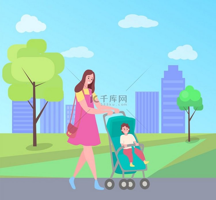 女人带着婴儿车和孩子的矢量走路