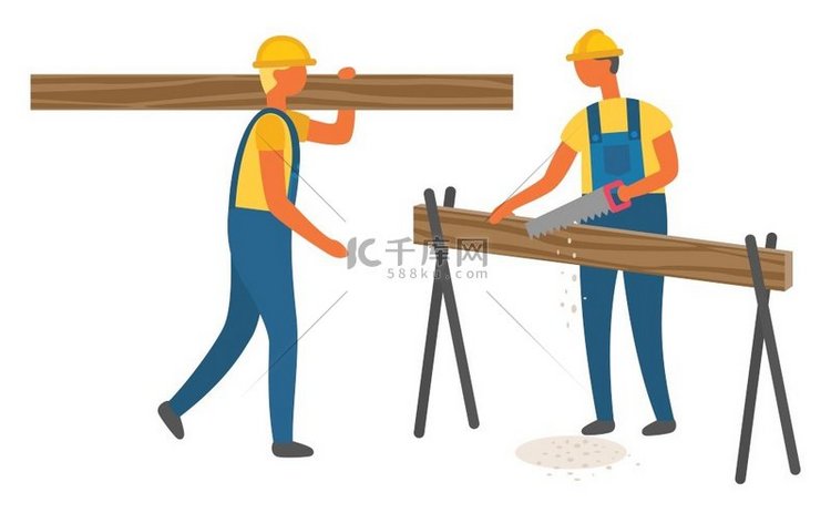 建筑工人戴着头盔和工作制服锯木