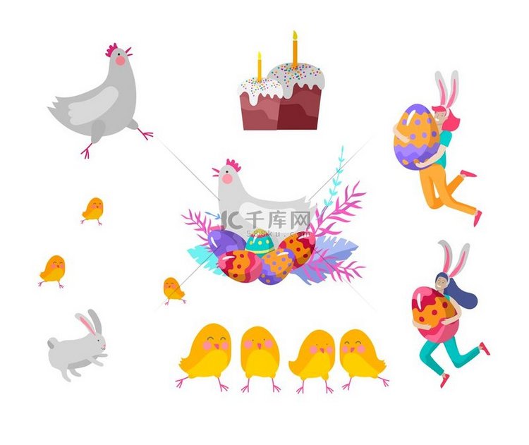 复活节插图与彩绘鸡蛋、蛋糕、鸡