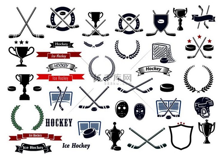 冰球运动游戏图标、设计元素和带