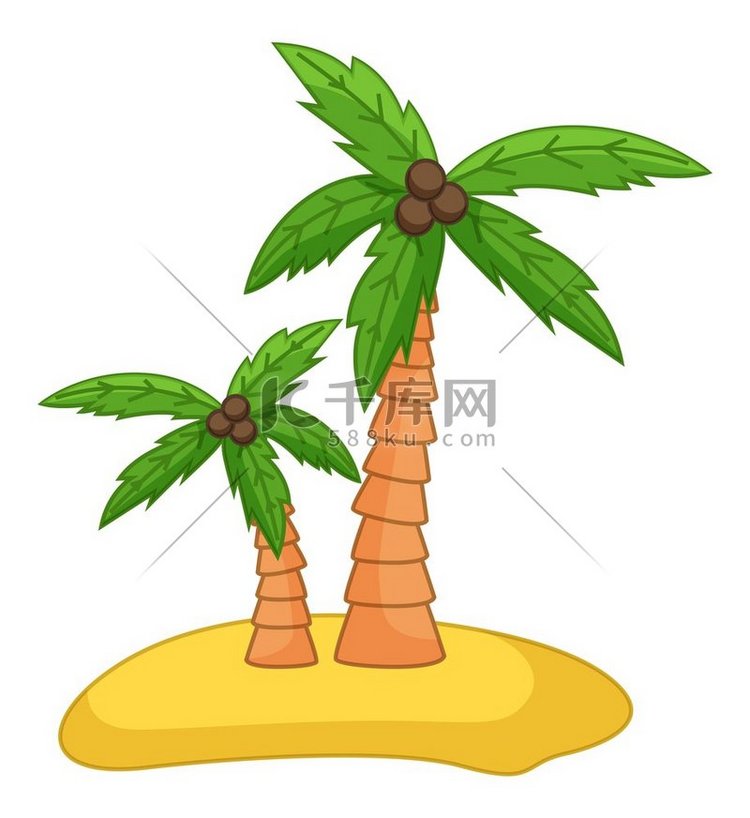 沙岛上有椰子的棕榈树平面矢量图