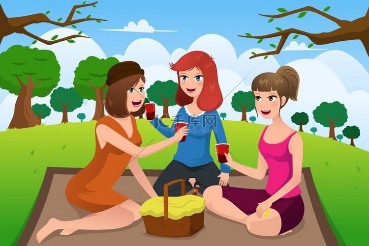 一群年轻女性一起在公园野餐的矢