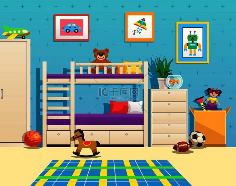 整洁的儿童房内部墙上有双层床图