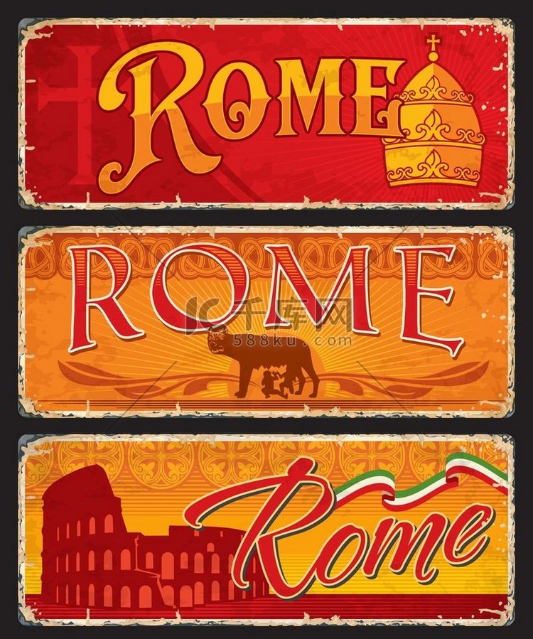 意大利罗马城市旅行贴纸和盘子。