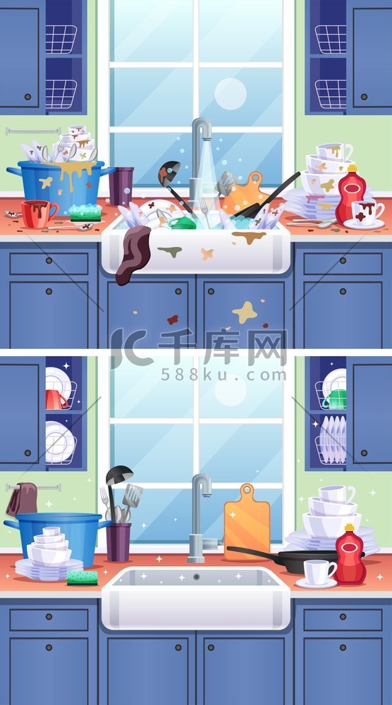 肮脏的厨房组成与盘子杯子和钢包
