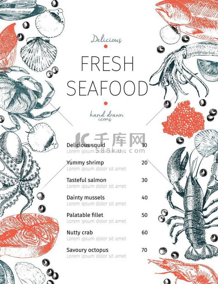 海鲜餐馆的病媒菜单。船用食品吧