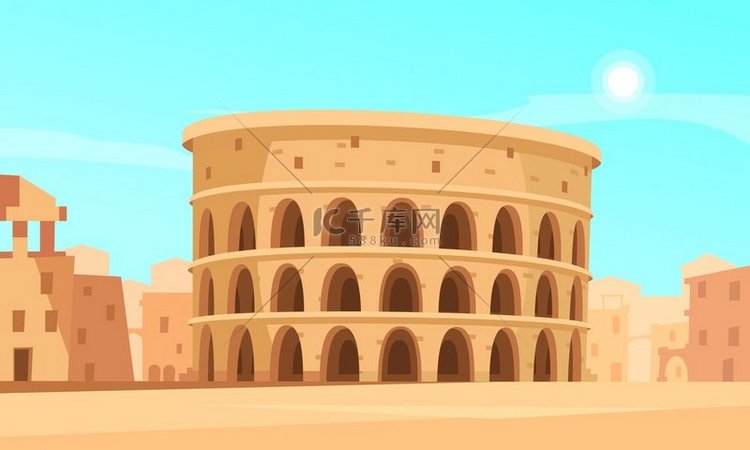 卡通背景与罗马竞技场和古建筑矢