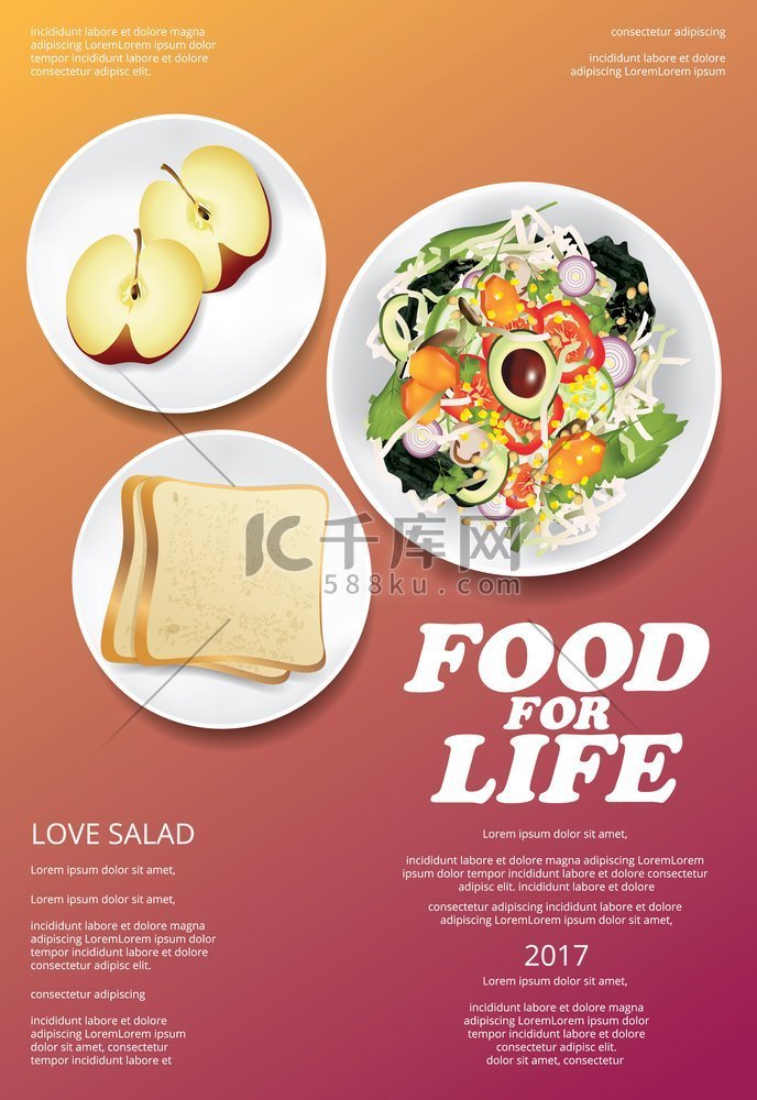 蔬菜沙拉食品、苹果和面包海报设
