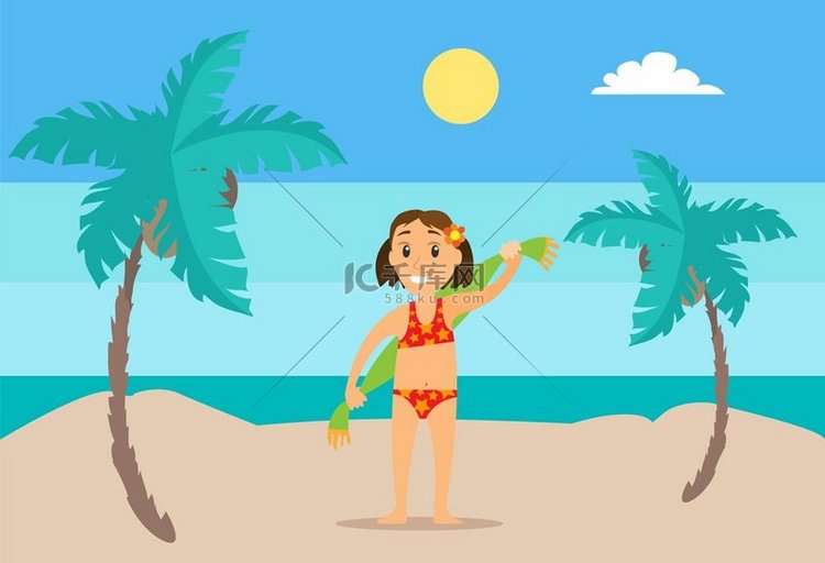 女孩穿着泳衣站在沙滩上，背上拿