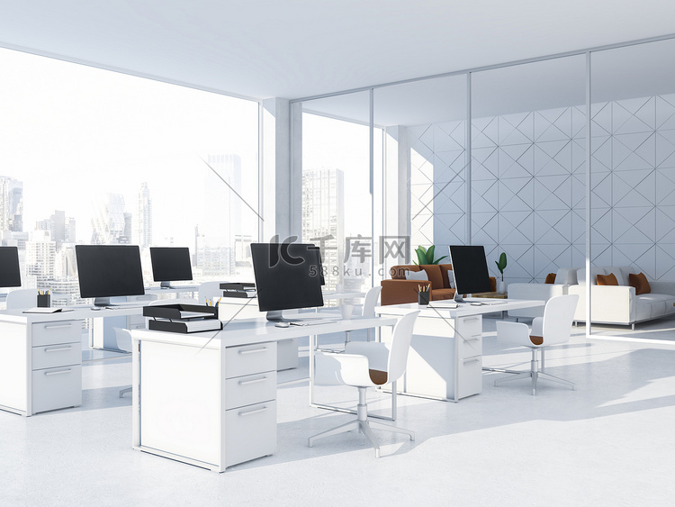 现代白色办公室内部与一排白色电