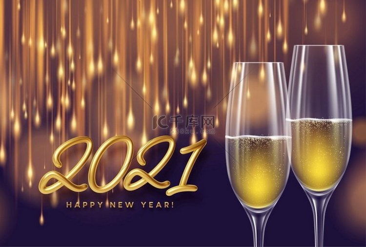 2021 年新年背景，一瓶香槟