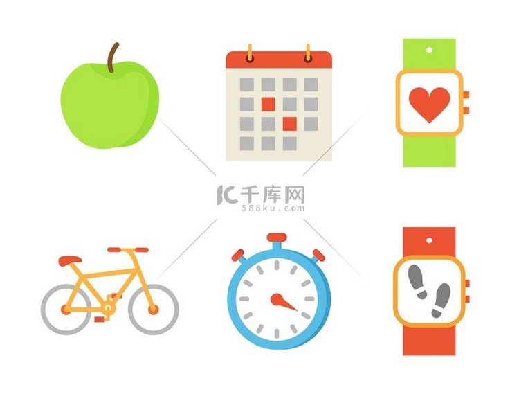 自行车和苹果水果图标矢量集。
