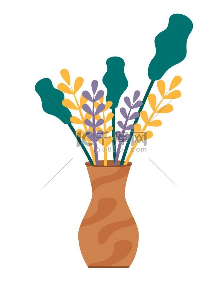 在白色背景隔绝的棕色花瓶的植物