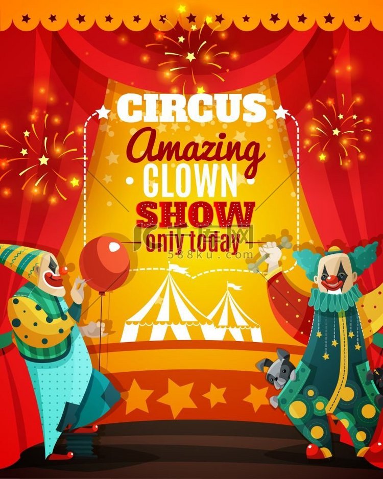 马戏团惊人的小丑表演公告海报。