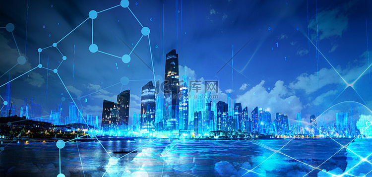 科技城市商业建筑群蓝色大气背景