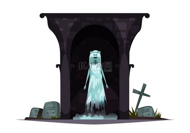 可怕的鬼魂出现在阴森恐怖的墓地