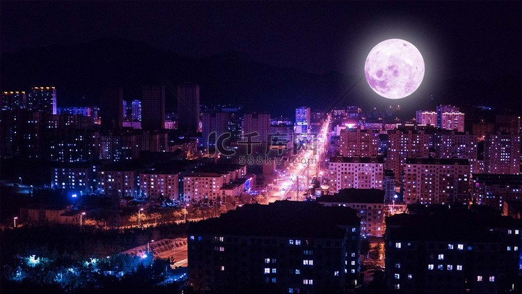 中秋城市全景明月夜晚月亮城市全