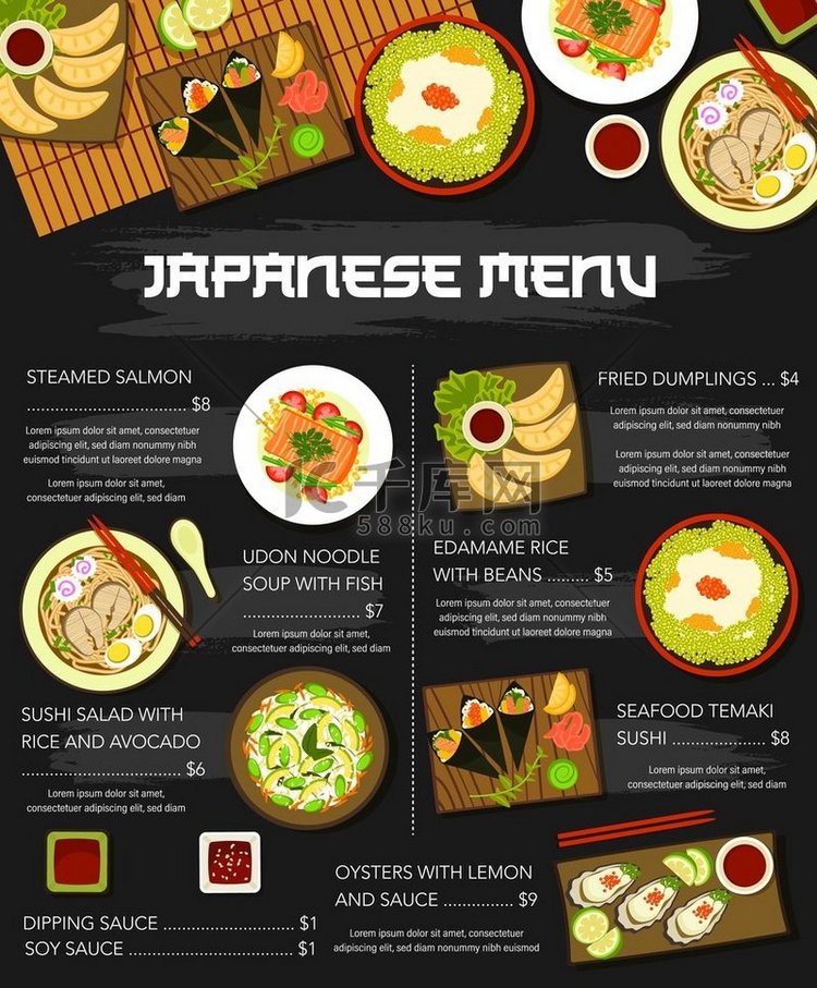 日本料理菜单海报，日本午餐和晚